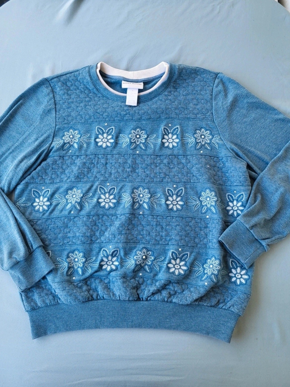 Alfred Dunner Blue Floral Embroidered Crewneck Sweater